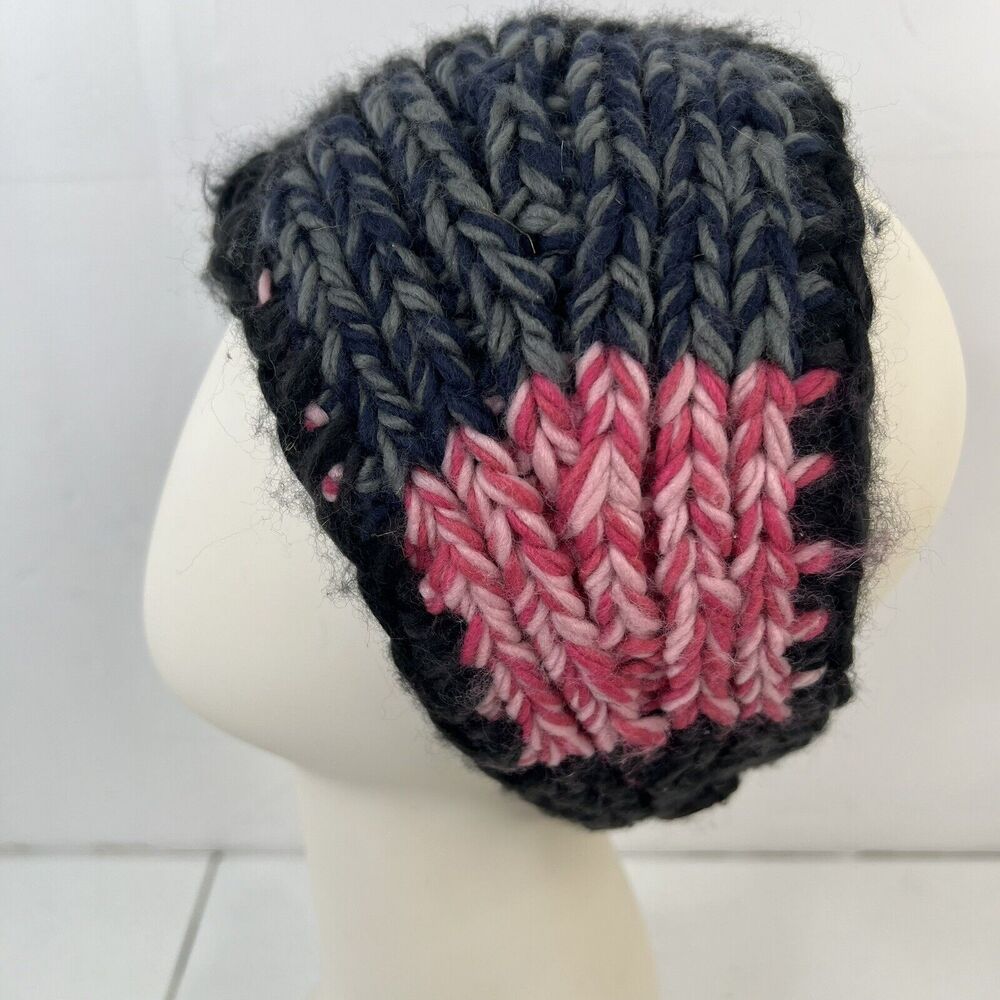 Crochet Hand Knit Headwrap Flower Accent Knit Black Pink Button Close Adjustable - Picture 5 of 9